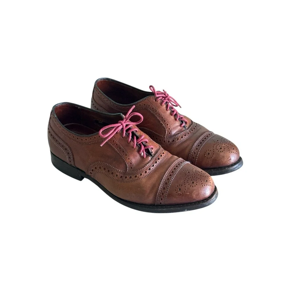 Allen Edmonds Strand Oxfords Mens 8 EEE Brown Leather Shoes Cap Toe Red Laces